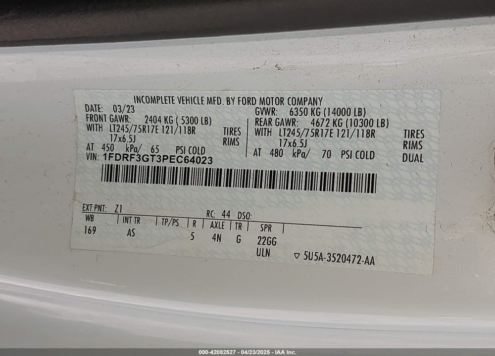 2023 FORD F-350 CHASSIS XL VIN: 1FDRF3GT3PEC64023