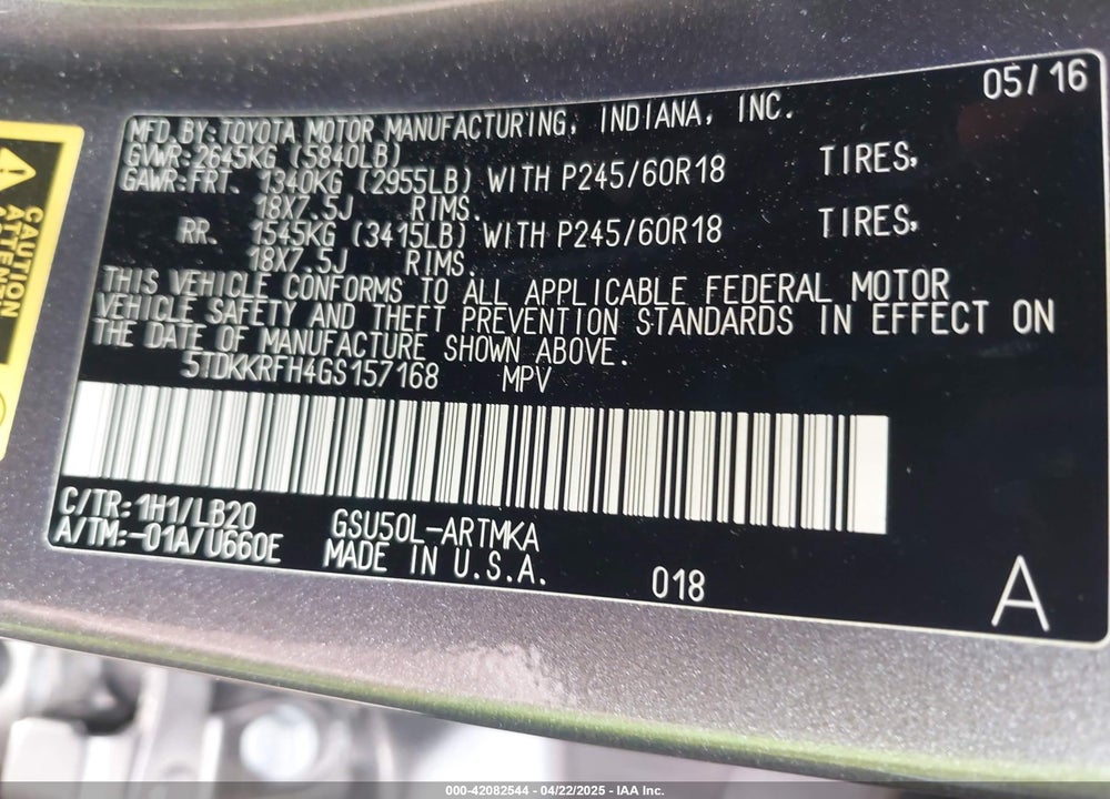 2016 TOYOTA HIGHLANDER VIN: 5TDKKRFH4GS157168