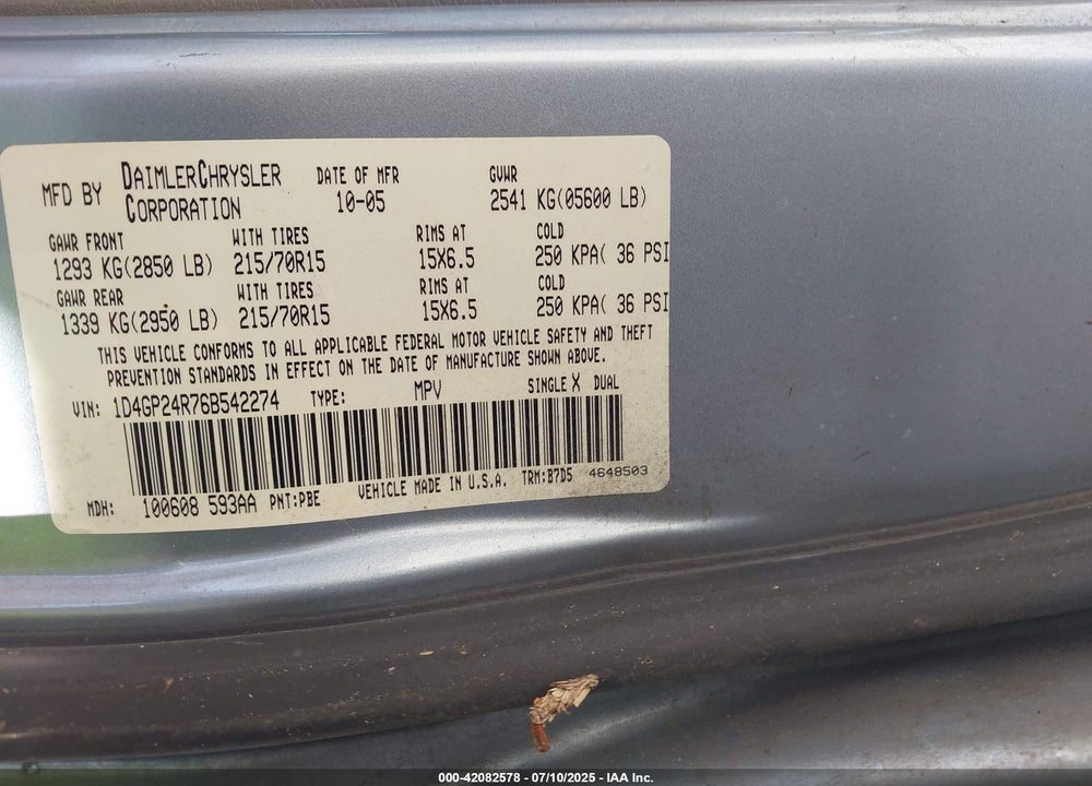 2006 DODGE GRAND CARAVAN SE VIN: 1D4GP24R76B542274