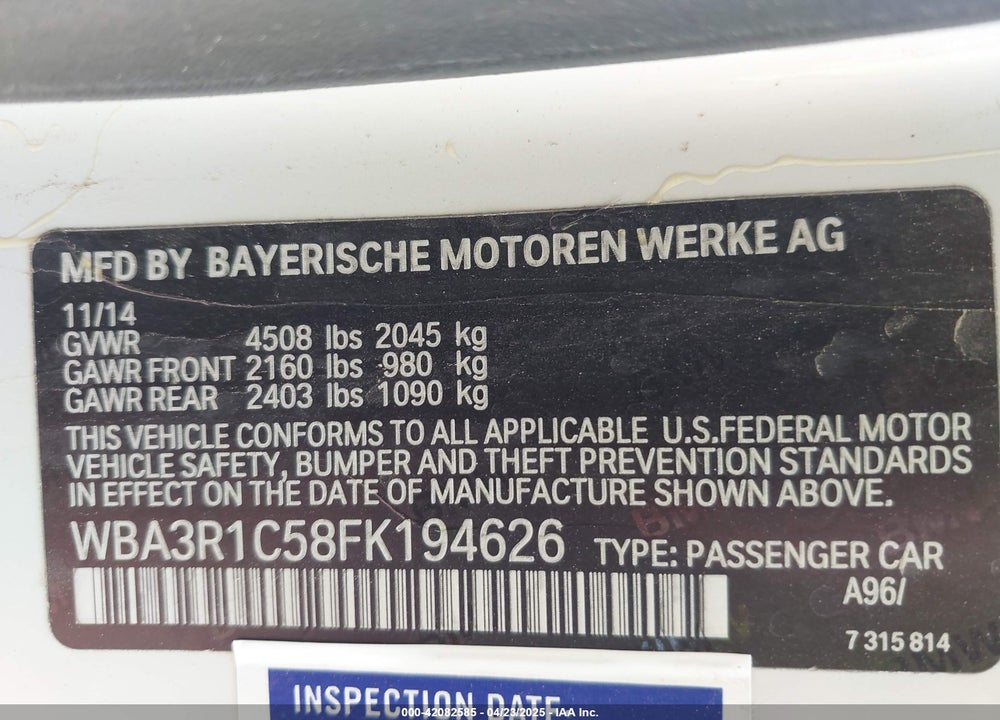 2015 BMW 435I VIN: WBA3R1C58FK194626