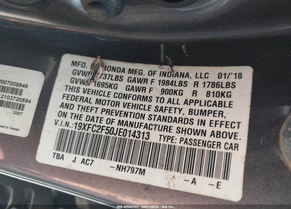 2018 HONDA CIVIC LX VIN: 19XFC2F50JE014313