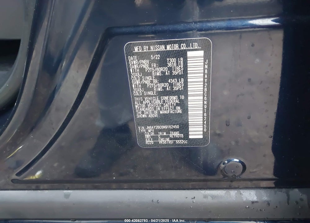 2022 NISSAN ARMADA SL 2WD VIN: JN8AY2BC6N9162450