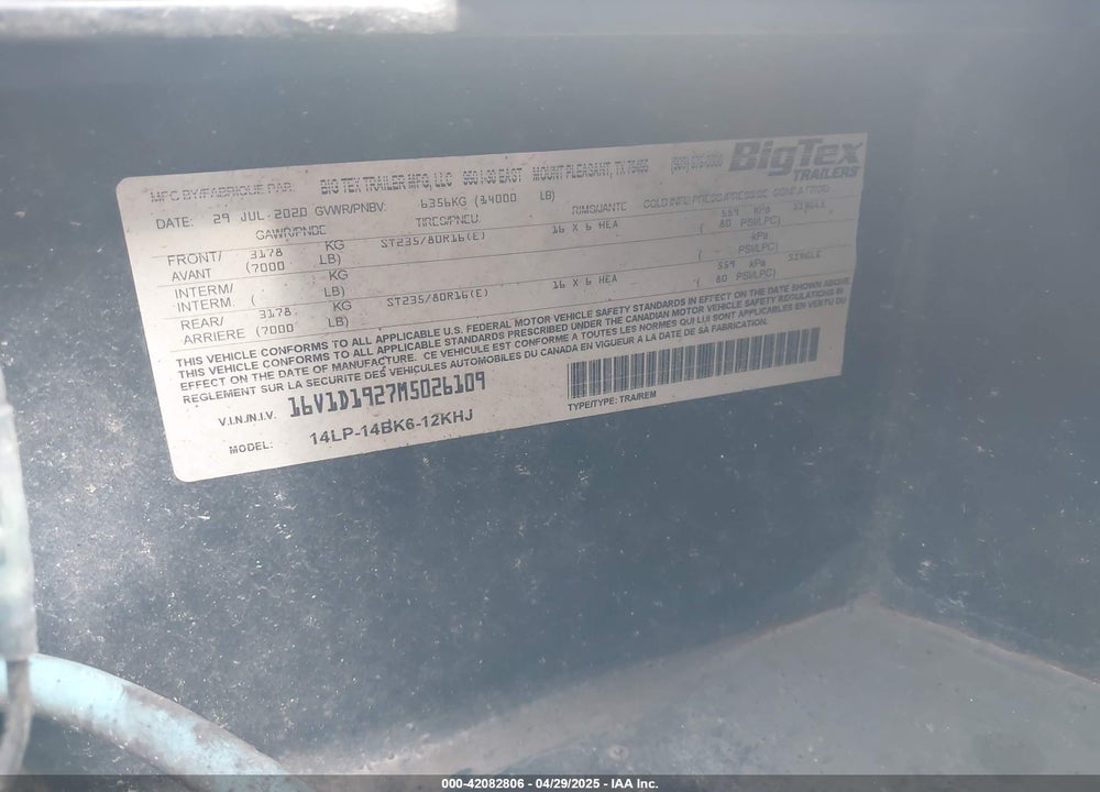 2021 BIG TEX TRAILER CO INC TRAILER VIN: 16V1D1927M5026109