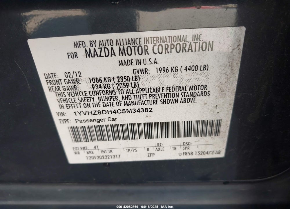 2012 MAZDA MAZDA6 VIN: 1YVHZ8DH4C5M34382