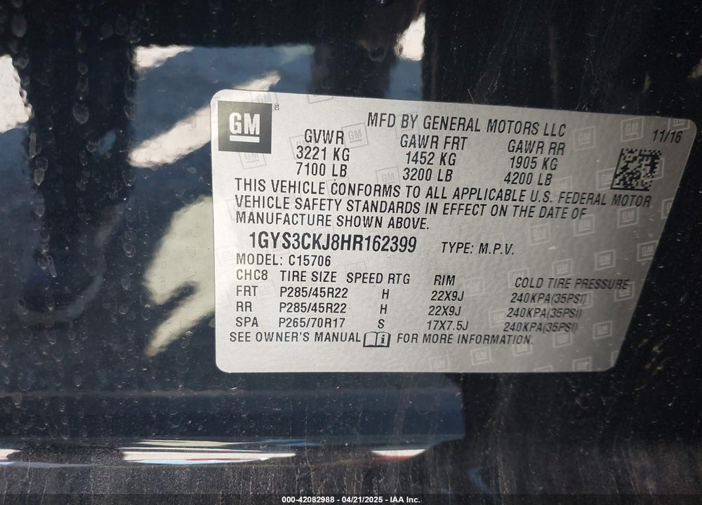 2017 CADILLAC ESCALADE VIN: 1GYS3CKJ8HR162399