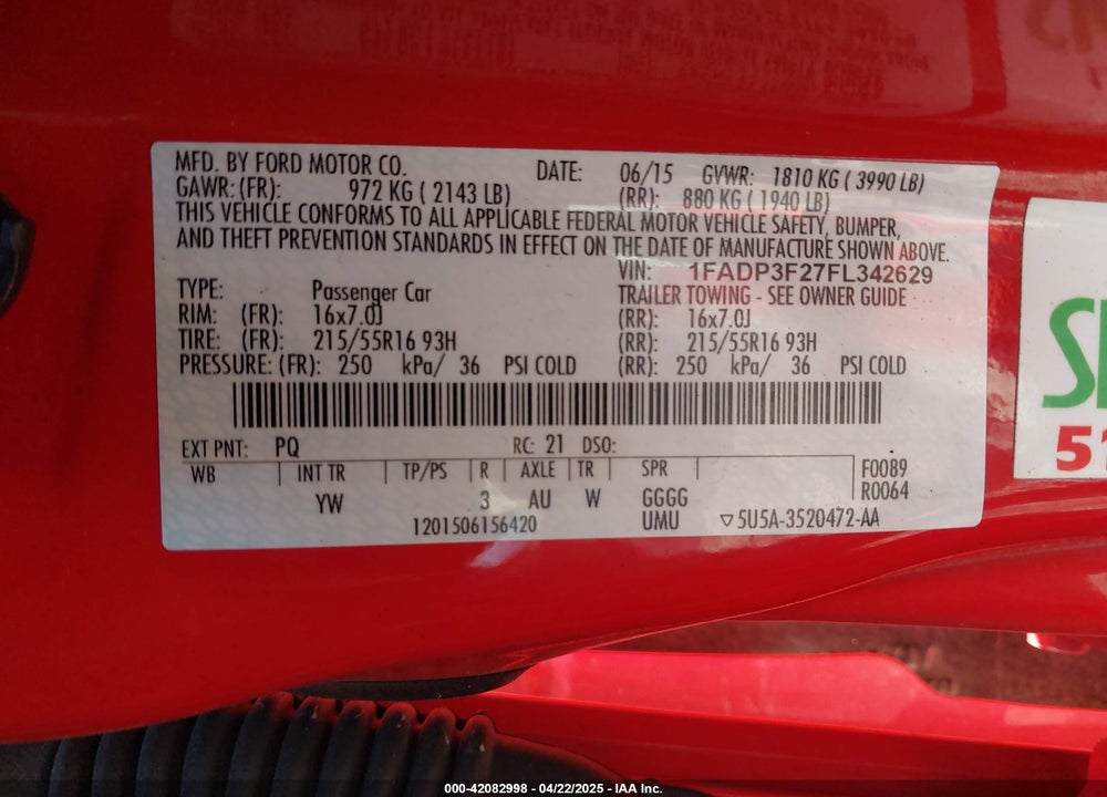 2015 FORD FOCUS VIN: 1FADP3F27FL342629
