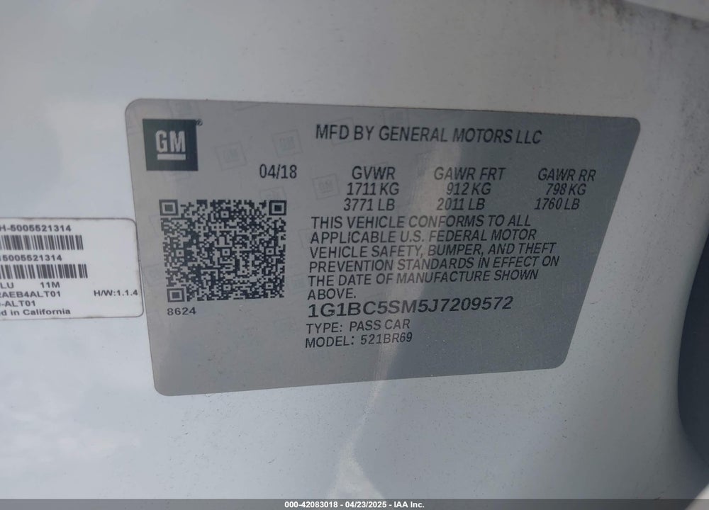 2018 CHEVROLET CRUZE LS AUTO VIN: 1G1BC5SM5J7209572
