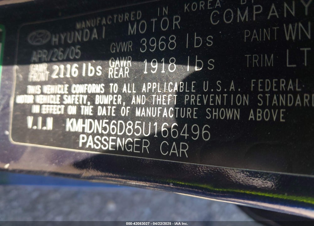 2005 HYUNDAI ELANTRA GLS/GT VIN: KMHDN56D85U166496