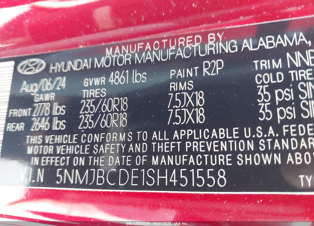 2025 HYUNDAI TUCSON VIN: 5NMJBCDE1SH451558