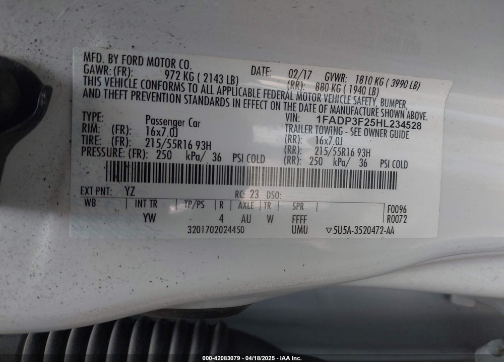 2017 FORD FOCUS VIN: 1FADP3F25HL234528