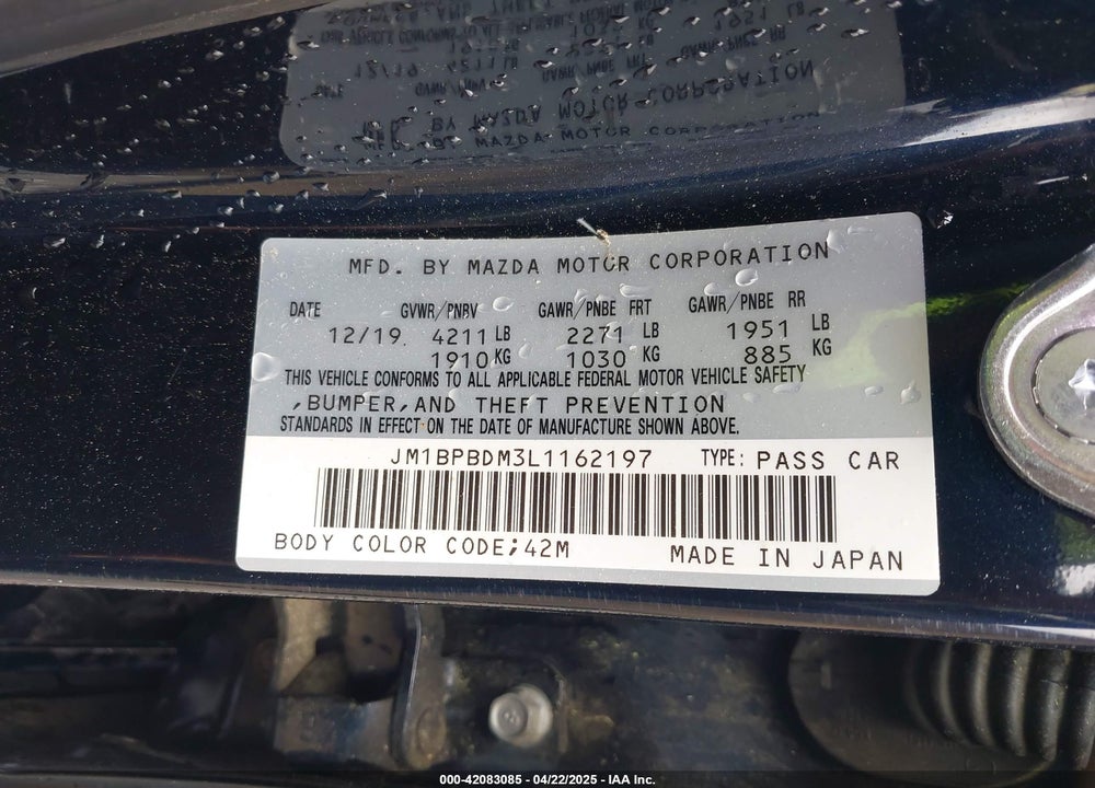 2020 MAZDA 3 PREFERRED PACKAGE VIN: JM1BPBDM3L1162197
