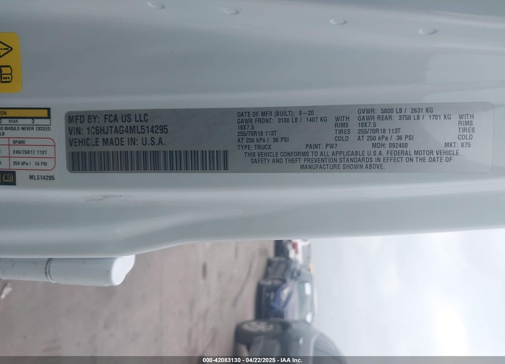 2021 JEEP GLADIATOR VIN: 1C6HJTAG4ML514295
