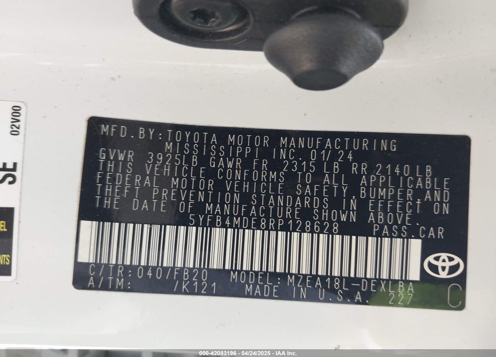 2024 TOYOTA COROLLA VIN: 5YFB4MDE8RP128628