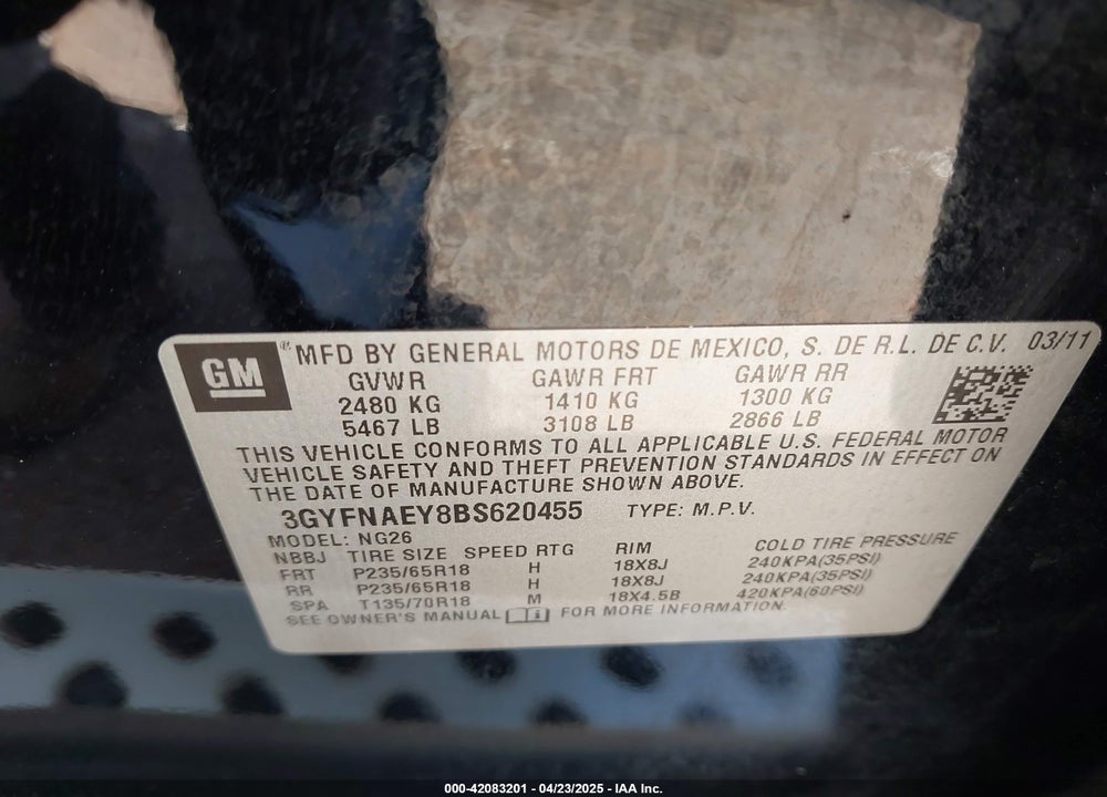 2011 CADILLAC SRX VIN: 3GYFNAEY8BS620455
