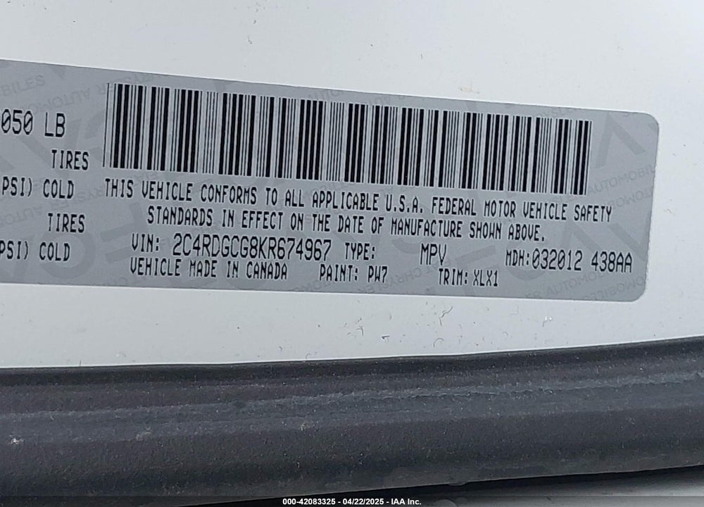 2019 DODGE GRAND CARAVAN SXT VIN: 2C4RDGCG8KR674967