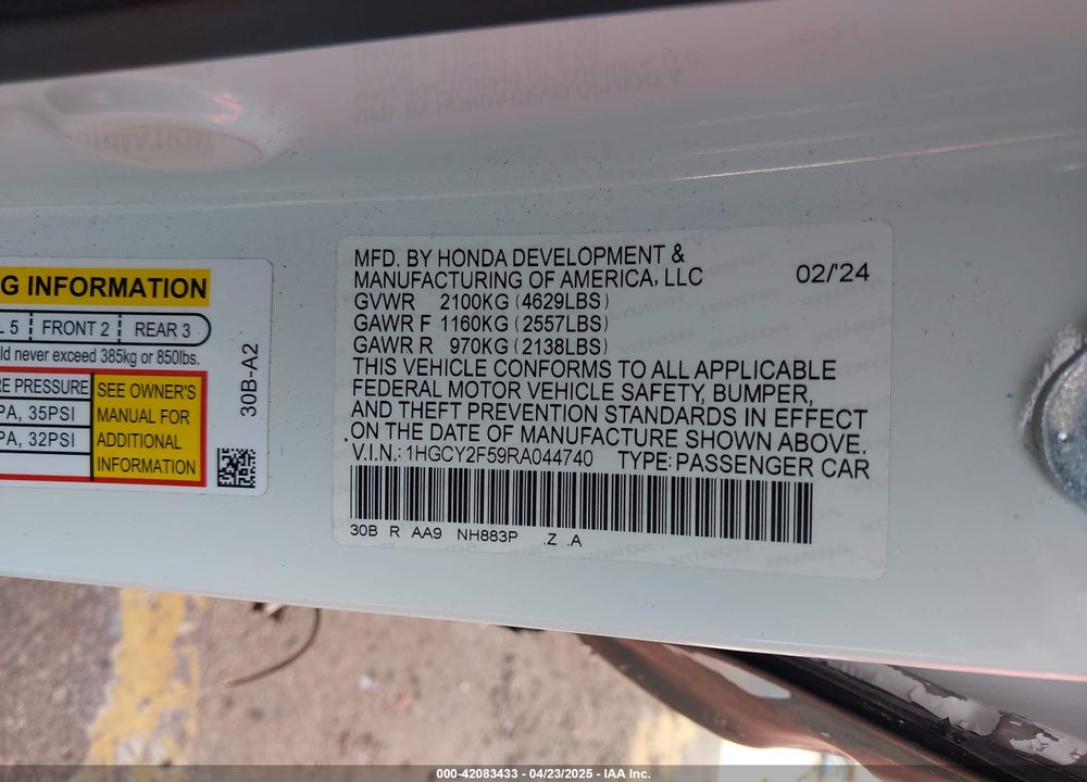 2024 HONDA ACCORD VIN: 1HGCY2F59RA044740