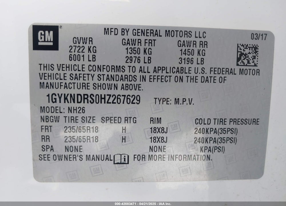2017 CADILLAC XT5 LUXURY VIN: 1GYKNDRS0HZ267629