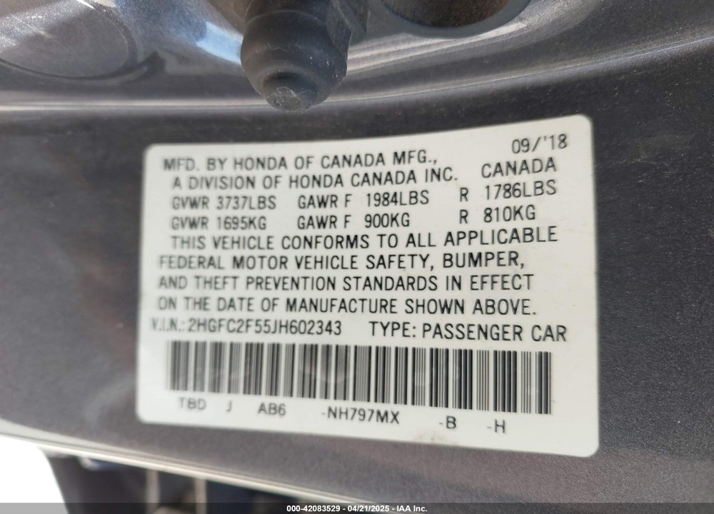 2018 HONDA CIVIC VIN: 2HGFC2F55JH602343