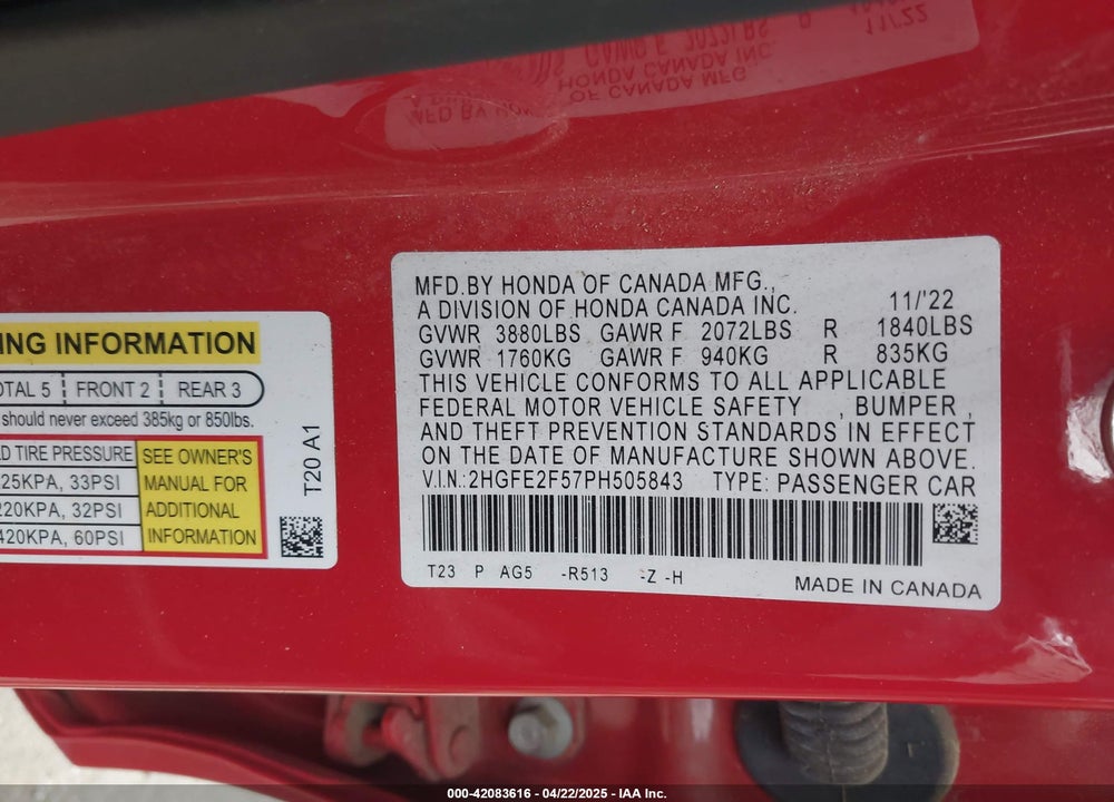 2023 HONDA CIVIC VIN: 2HGFE2F57PH505843