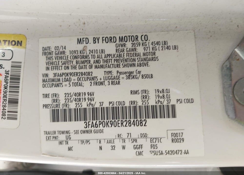 2014 FORD FUSION VIN: 3FA6P0K90ER284082