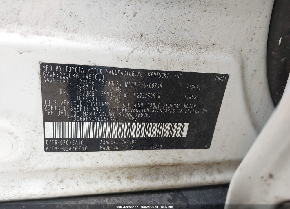 2021 TOYOTA RAV4 VIN: 4T3D6RFV9MU054678