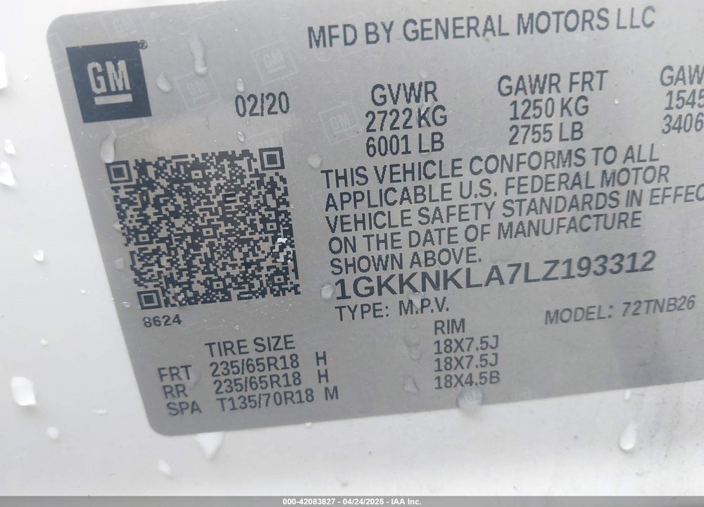 2020 GMC ACADIA VIN: 1GKKNKLA7LZ193312