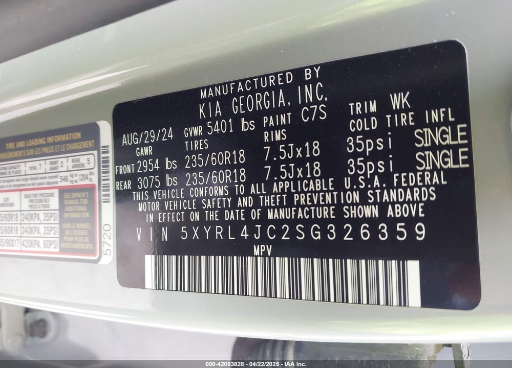 2025 KIA SORENTO VIN: 5XYRL4JC2SG326359