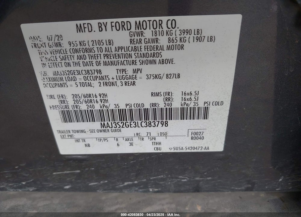 2020 FORD ECOSPORT VIN: MAJ3S2GE3LC383798