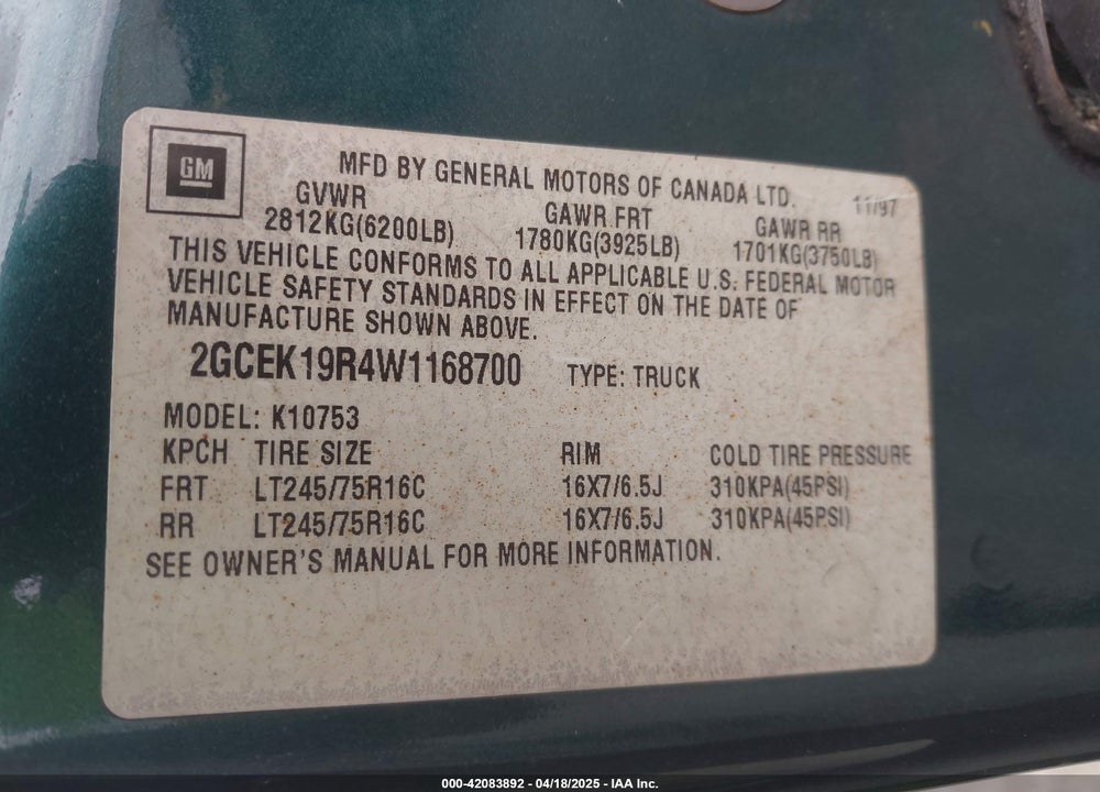 1998 CHEVROLET K1500 FLEETSIDE VIN: 2GCEK19R4W1168700