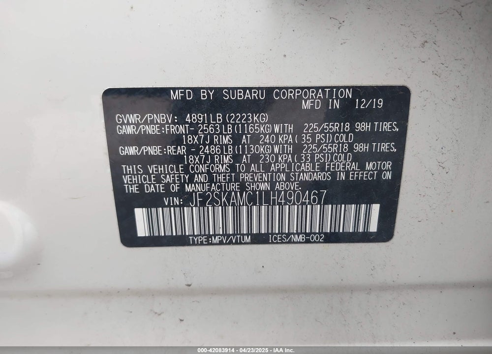 2020 SUBARU FORESTER VIN: JF2SKAMC1LH490467