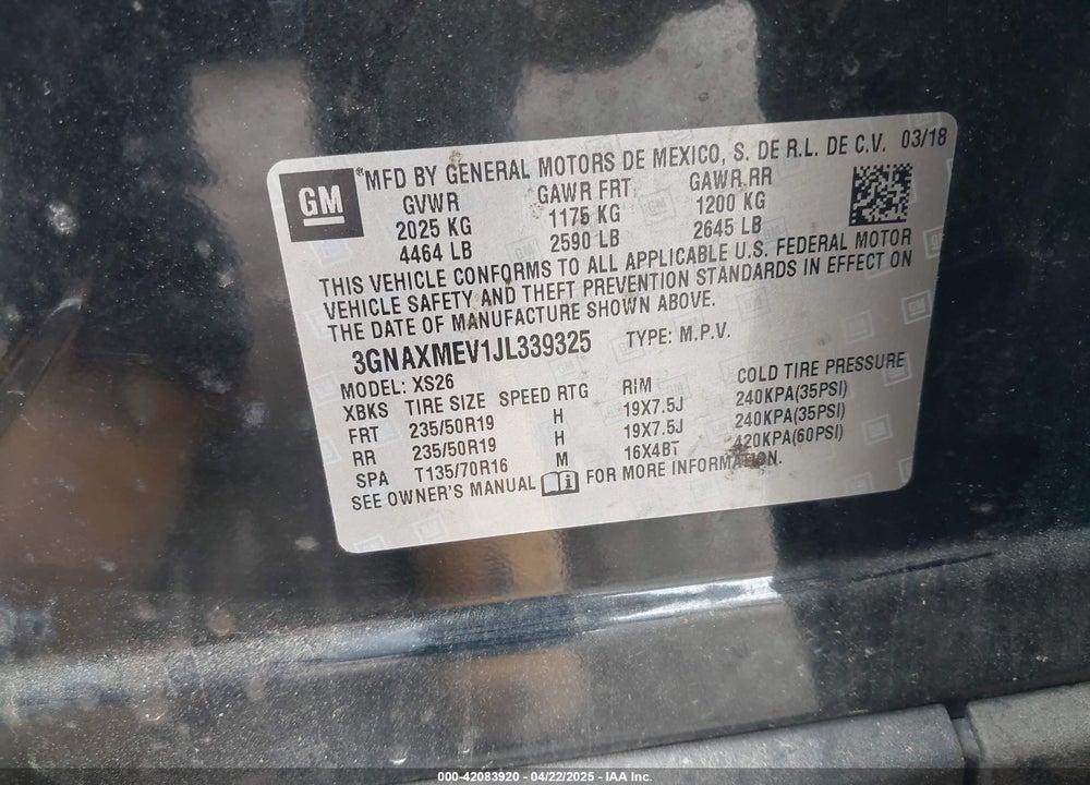 2018 CHEVROLET EQUINOX PREMIER VIN: 3GNAXMEV1JL339325