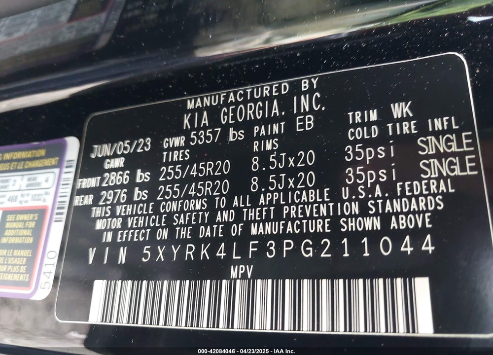 2023 KIA SORENTO VIN: 5XYRK4LF3PG211044