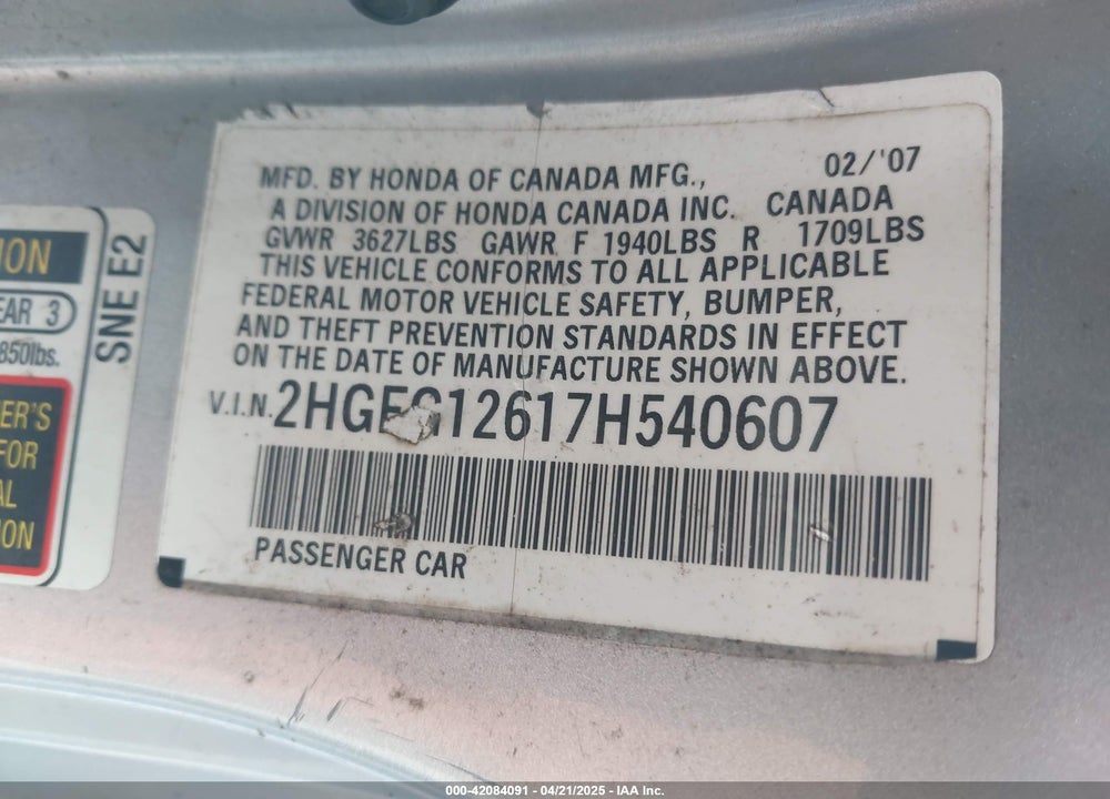 2007 HONDA CIVIC LX VIN: 2HGFG12617H540607