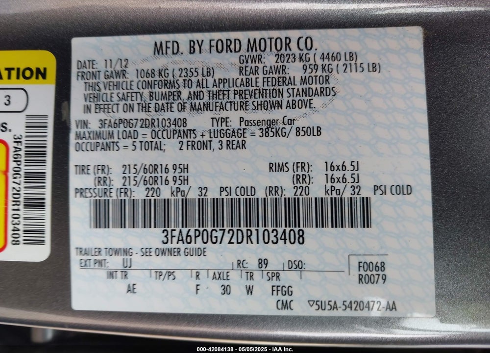 2013 FORD FUSION VIN: 3FA6P0G72DR103408
