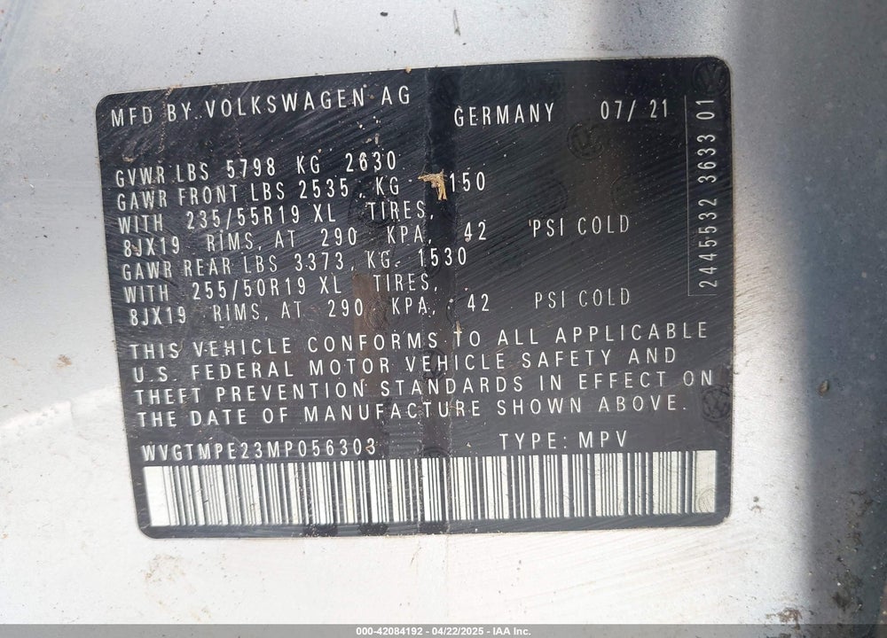 2021 VOLKSWAGEN ID.4 VIN: WVGTMPE23MP056303
