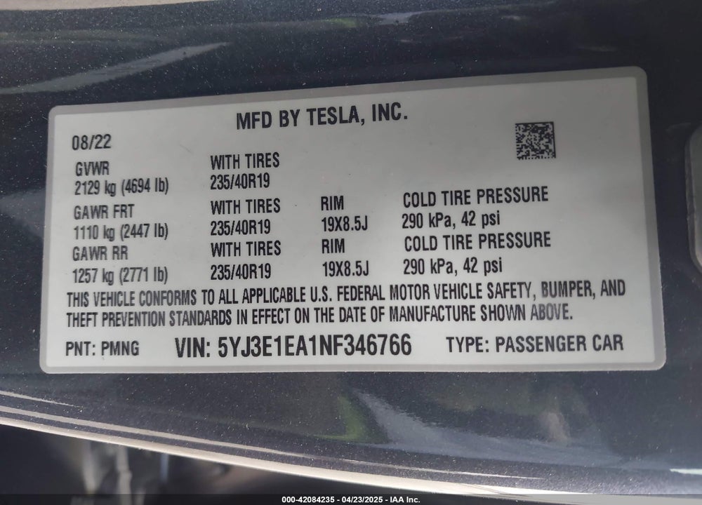 2022 TESLA MODEL 3 VIN: 5YJ3E1EA1NF346766
