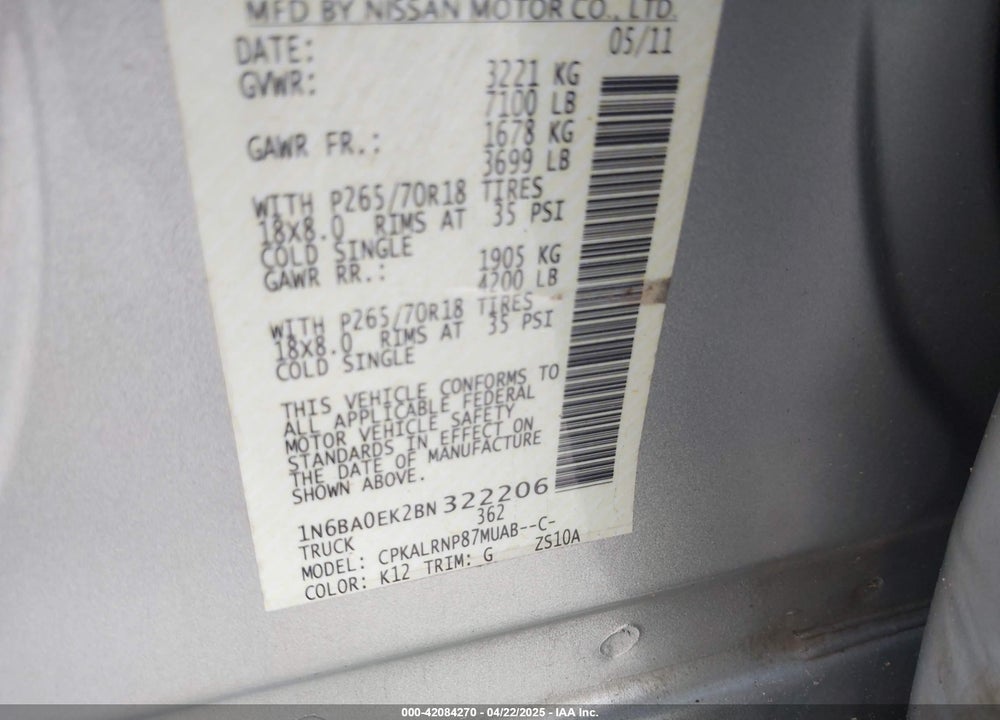 2011 NISSAN TITAN S VIN: 1N6BA0EK2BN322206