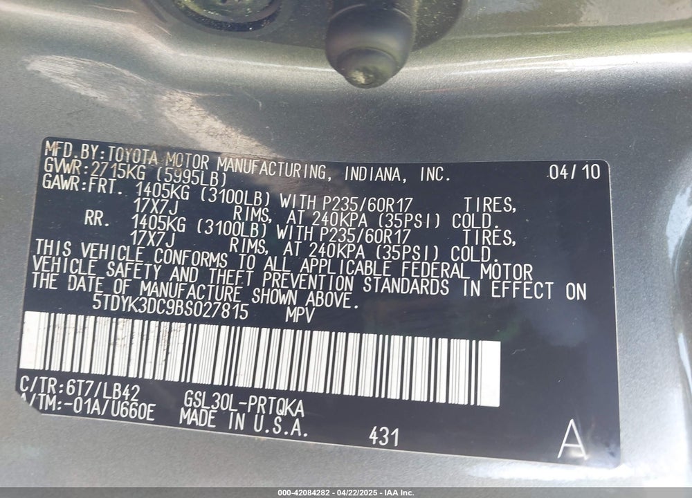 2011 TOYOTA SIENNA XLE V6 VIN: 5TDYK3DC9BS027815