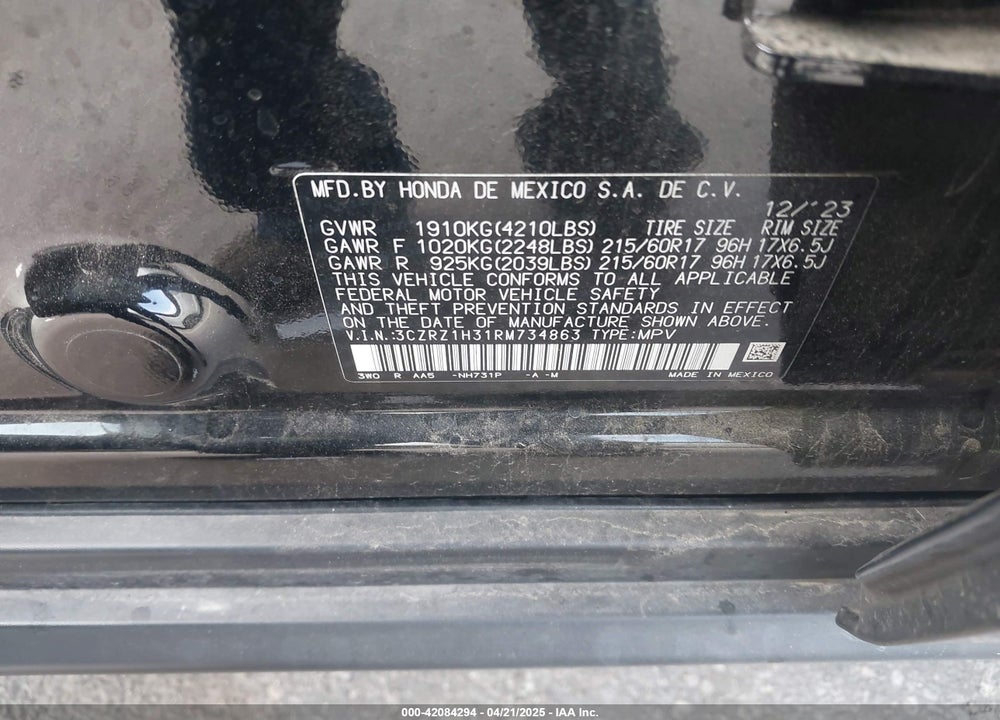 2024 HONDA HR-V VIN: 3CZRZ1H31RM734863