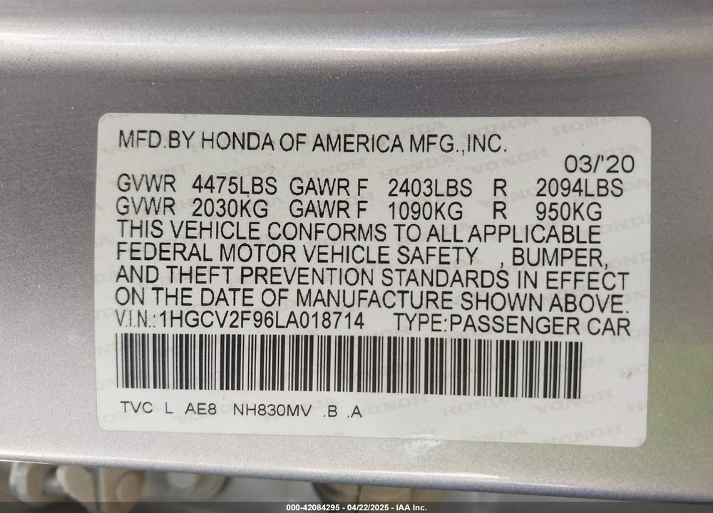 2020 HONDA ACCORD TOURING VIN: 1HGCV2F96LA018714