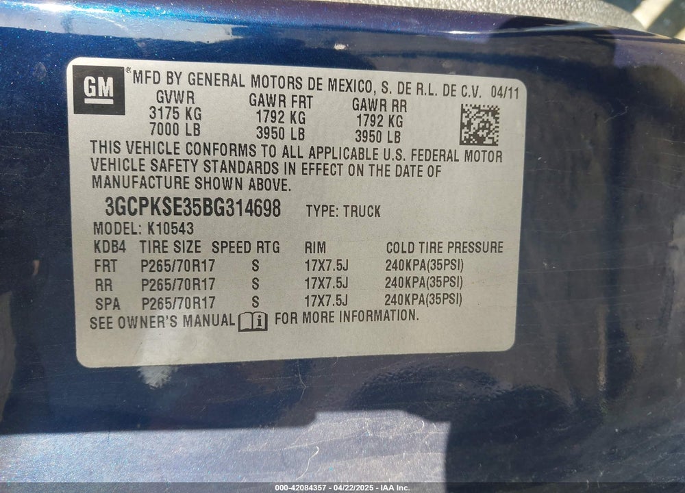 2011 CHEVROLET SILVERADO VIN: 3GCPKSE35BG314698