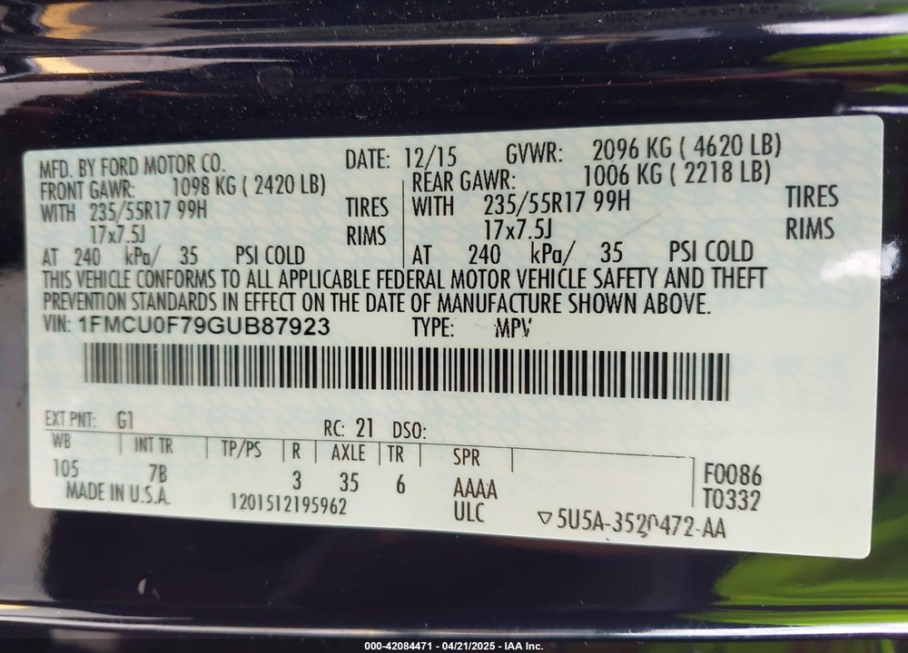 2016 FORD ESCAPE VIN: 1FMCU0F79GUB87923