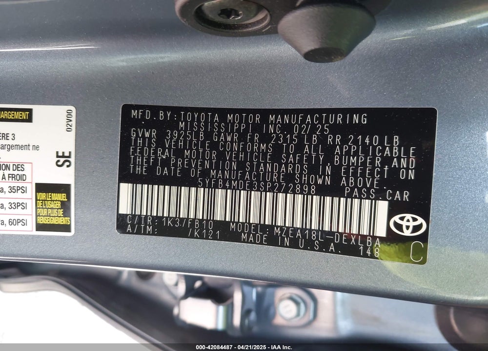 2025 TOYOTA COROLLA VIN: 5YFB4MDE3SP272898