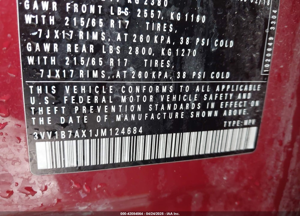 2018 VOLKSWAGEN TIGUAN VIN: 3VV1B7AX1JM124684