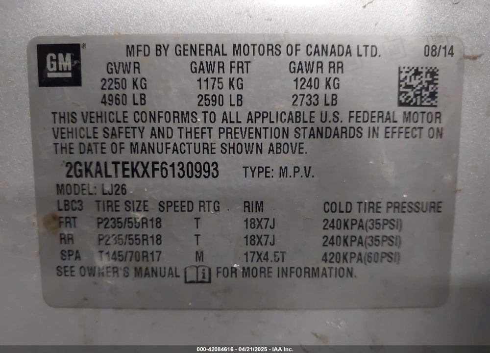 2015 GMC TERRAIN SLT-2 VIN: 2GKALTEKXF6130993
