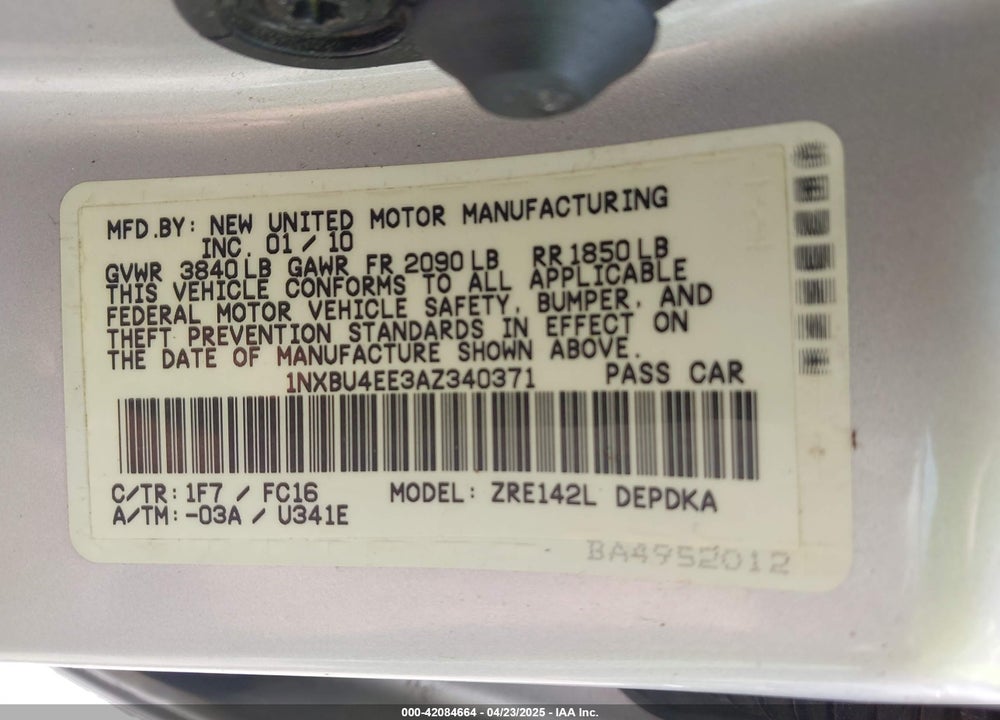 2010 TOYOTA COROLLA VIN: 1NXBU4EE3AZ340371