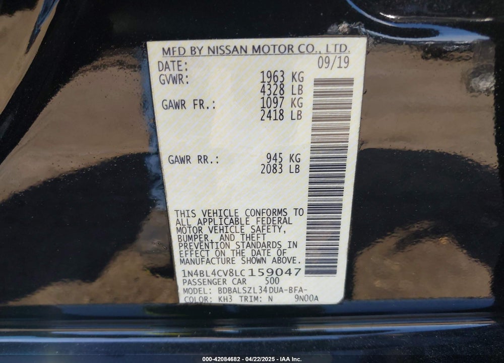 2020 NISSAN ALTIMA VIN: 1N4BL4CV8LC159047
