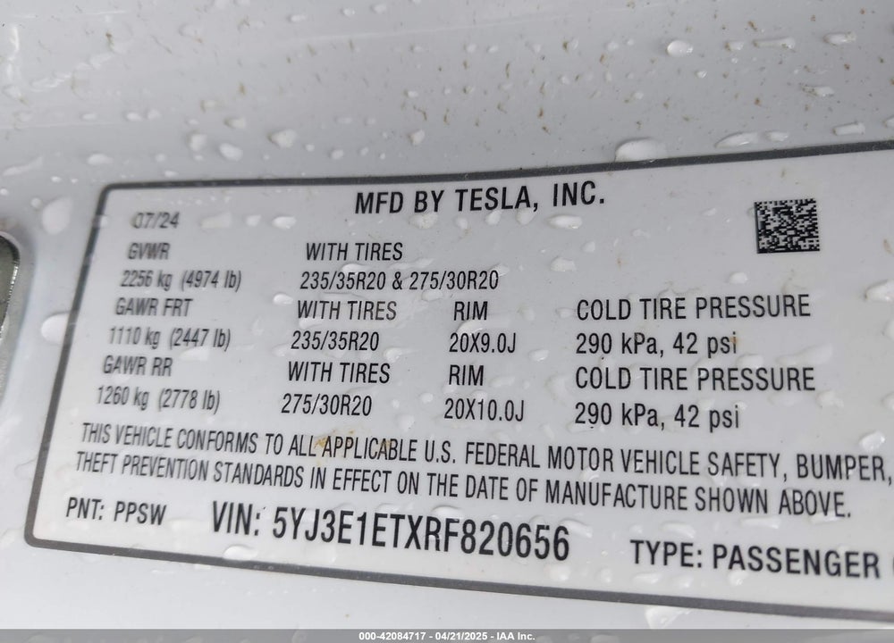 2024 TESLA MODEL 3 PERFORMANCE ALL-WHEEL DRIVE VIN: 5YJ3E1ETXRF820656