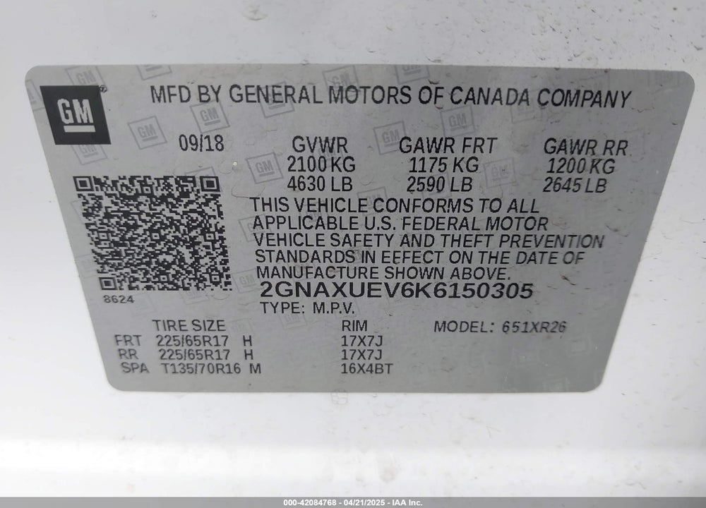 2019 CHEVROLET EQUINOX LT VIN: 2GNAXUEV6K6150305