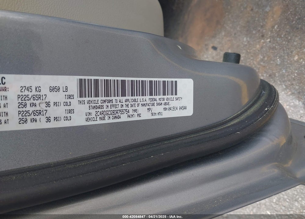 2013 DODGE GRAND CARAVAN VIN: 2C4RDGCG9DR755754